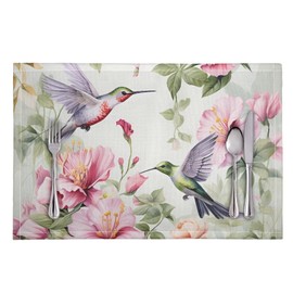 ZFRXIGN Flower Hummingbirds Placemats Heat Resistant Table Mats Set of 4 Reusable Place Mat Set, Restaurant, Cafe Decoration for Dining Table, Desk Spring Floral Birds Pads