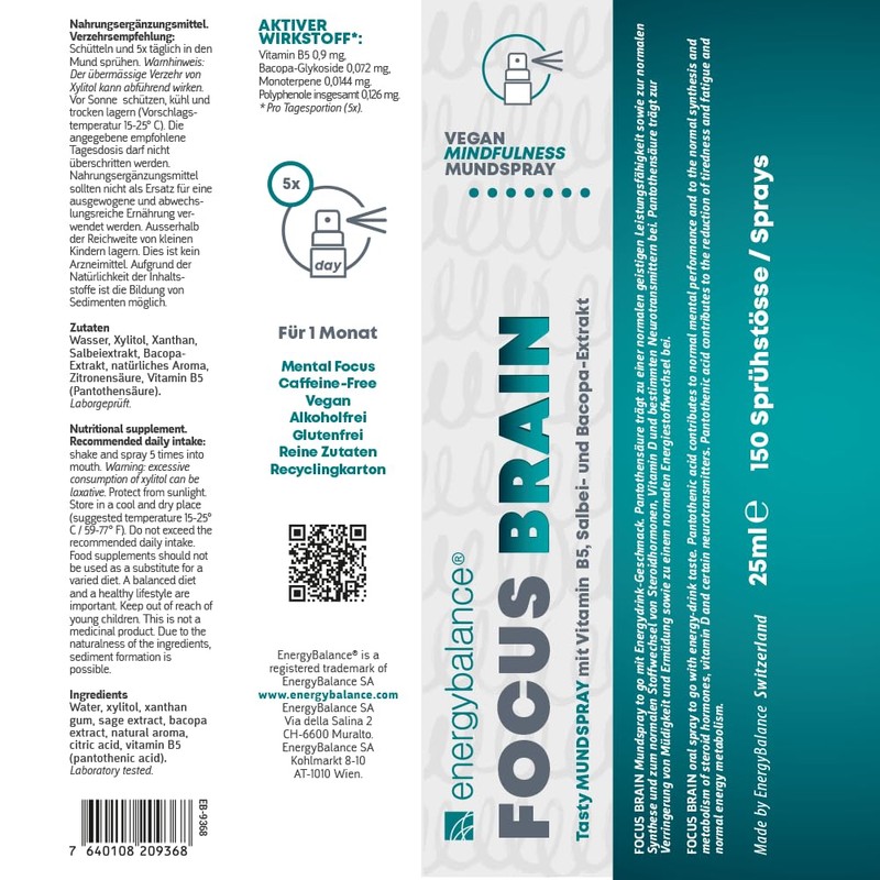 EnergyBalance Focus Brain Mundspray mit Vitamin B5, Salbei- und Bacoba-Extrakt,