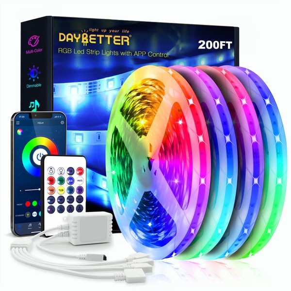 DAYBETTER Led Strip Lights 200ft (4 Rolls of 50ft) Ultra Long Smart Light Strips with App Voice Control Remote, RGB Music Sync Color Changing Lights for Bedroom, Kitchen, Party,Home Decoration