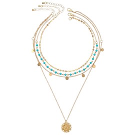 Gold Layereds Turquoise Necklace Multi Dainty Boho Western Long Country Necklace Trendy Summer Beach Bohemian Coin Pendant Necklaces Beaded Choker Country Concert Fashion Jewelry Cowgirl for Women