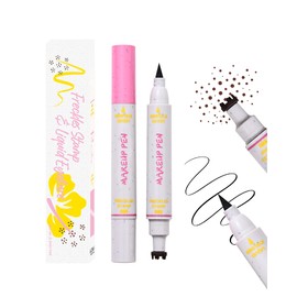 2 in 1 Freckle Stamps Eyeliner Pen, Light Brown Liquid Freckle Stamp & Black Eyeliner Pencil for Summer Sunkissed Makeup, Waterproof Long Lasting Natural Lifelike Fake Freckles Quick Dry Makeup Pen-01