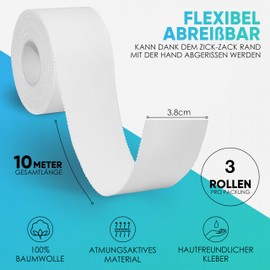 Sports Tape - 3 Tape Rolls (3.8 cm x 10 m) - Sports Tape White - Tearable Professional Sports Tape - Sports Tape Bandage for All Sports