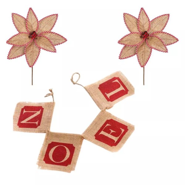 Unbranded Christmas Burlap "Noel" 25-1/2" Garland with 2 Burlap Poinsettia