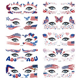 VICIYOO 4th of July Temporary Tattoos 10 Sheets Independence Day Face Tattoos American Flag Butterfly Heart Shapes Tattoo Stickers Patriotic Fake Tattoos for Adults Kids Party Supplies