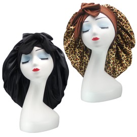Hanbertti 2 Pack Silk Satin Hair Bonnet Sleeping Hat With Stretch Tie Band Bonnets Silk Bonnet Satin Bonnet Adjustable Bonnet for Curly Hair Sleeping Adult Women Girls（Black+Leopard Print）