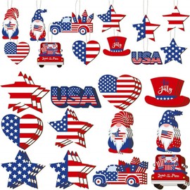 12 Pcs Memorial-Day Decorations 4th of July Wooden Ornaments Red White Blue Hanging Ornament America Star Gnome Design Holiday Party Supplies Independence Day Patriotic Decor for Home Decorations