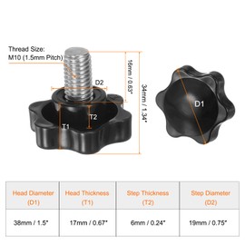 QUARKZMAN Pack of 8 Thumb Screws with Star Handle M10 x 16 mm x 38 mm Star Grip Screw Plastic Knob Stainless Steel 304 Threaded Bolts Clamping Screw Star Grip Nut Clamping Knob for Machine