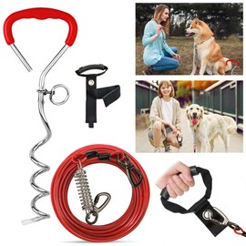 Dog Tie Out Cable and Stake with No-Tangle Handle 10FT Steel Wire with Strong Carabiner Fix Buckle for Large Medium Small Dogs, Dog Tie-Out Cable for Outside Walking Playing, Camping, or Kyard(Red)