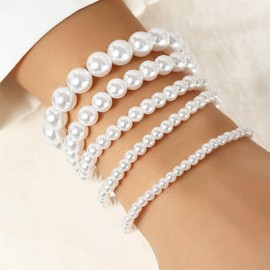Layered White Pearl Bracelets for Women 5 Pcs Stackable Pearl Stretch Bracelet Dainty Layering Faux Pearls Bracelets Multi Layer Pearls Beaded Bracelet for Bride Bridesmaids