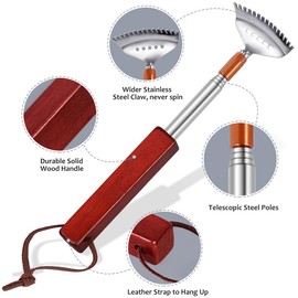 Pack of 2 Back Scratcher Wall Mount Made of High-Quality Stainless Steel and Wood, 15 Teeth Wide Claw, Square Handle up to 52 cm & 62 cm for Scratching on the Head and Back for Men and Women