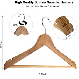 Wooden Hangers, 20-Pack Schima superba Hangers, Natural Wood Suit Hangers with Non-Slip Trouser Bars, Hangers for Shirts, Jackets, Dresses, Wedding Dresses