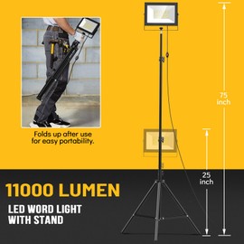 LIVOWALNY 2PCS LED Work Lights with Stand, 110W 11000 Lumens Portable Tripod Light with 13FT Cord, IP65 Waterproof Adjustable Head Tower Flood Light for Job Site Workshop Garage Construction Lighting