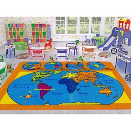 Champion Rugs Map of The World Globe Continents Oceans Hemispheres Compass Area Rug Indoor Outdoor Decorative Floor Rug for Children Playmat Learning Carpet (3' 5" X 4' 8")