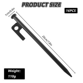 MIVIDE Pack of 16 Tent Pegs, Steel Pegs, 20 cm Pegs, Sturdy Metal, Tent Pegs, Storm Proof with Hook and Hole for Camping, Trampolines, Tent and Outdoor Hiking
