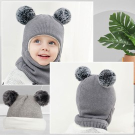 BBXWANG Baby Winter Hat Scarf Set, Unisex Todders Winter Beanie Hat, Fleece Lined Cute Double Ball Design for 2-7 Ages Baby Kids Grey