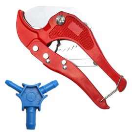TNSLAND Pipe Cutter Composite Pipe + Calibrator, Tool Set for PVC Plastic and Multilayer Composite Pipe, Red Hose Scissors, PVC Pipe Scissors up to 42 mm + Blue Calibrator 16 20 26 mm