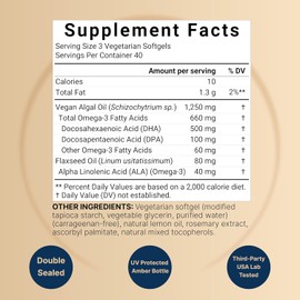 Vegan Omega 3 Algae Oil Supplement, 120 Veggie Softgels | Carrageenan Free, Plant-Based DHA & DPA | Fish Oil Alternative | Full Spectrum of Omega 3 with Flaxseed & ALA | Lemon Flavored