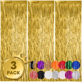 Voircoloria 3 Pack 3.3x8.2 Feet Gold Foil Fringe Backdrop Curtains, Tinsel Streamers, Fringe Backdrop for 2025 New Years Eve, Graduation, Birthday, Baby Shower, Gender Reveal, Disco Party
