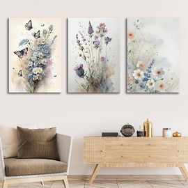 Floral Canvas Wall Art, Framed Wildflower Pictures Wall Decor,Purple Flower Prints, Colorful Botanical Artwork, Watercolor Painting 3 Panel for Living Room Bedroom Office Home 12"x16"x3pcs