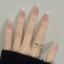 24pcs Long Coffin False Nails Cat Eye Press on Nails Blush Red White Ombre Stick on Nail with Rhinestone Design Removable Glue on Acrylic Fake Nail Accessories for Women Girls