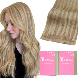 YoungSee Wire Real Hair Extensions Blonde Highlight Wire Hair Extensions Human Hair Dark Ash Blonde Highlights Golden Blonde Wire Hair Extensions with Transparent Fishing Line for Beginners 80G 18In