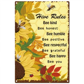 CREATCABIN Honey Bee Metal Sign Tin Plate Bee Kind Honest Humble Positive Respectful Grateful Happy Signs Vintage Animals Retro Plaque Poster for Restroom Bathroom Hotel Wall Decor, 8x12Inch