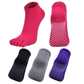Dress Cici Yoga Split Toe Socks, Five Finger Toe Socks, Low Cut Pilates Grip Socks (4 Pairs: 4Pairs-Gray/Black/Purple/Rose Red), Asia Size One Size