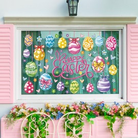 JarThenaAMCS 9 Sheets Easter Window Clings Colorful Easter Egg Window Stickers Double-Side Glass Decals for Spring Home Party Decor, 7.9 x 11.8 Inch