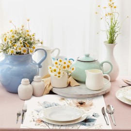 Bonhause Wild Ink Painting Flowers Placemats, Set of 4, Spring Blue Brown Floral Placemats, Washable Place Mats for Kitchen, Table Decoration, Indoor, Holiday, Party Decor, 30 x 45 cm