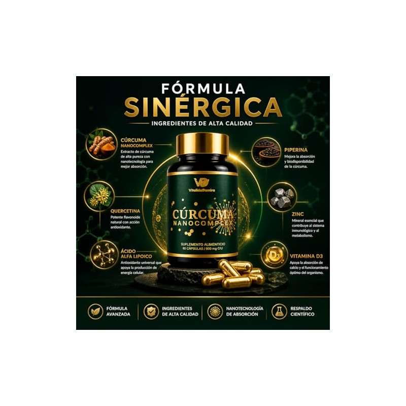 Cúrcuma Nanocomplex con Quercetina, Piperina, Zinc, Vitamina D3 y Ácido