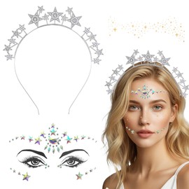 Headband Stars Silver, Alien Headband Carnival Fancy Dress Headdress Women's Space Girl Costume Women's Headband Women's Face Tattoo Carnival Glitter Stones Face Star Costume Headband Fancy Dress
