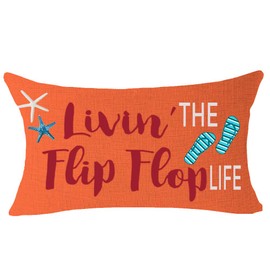 FELENIW Livin' The Flip Flop Life Starfish Shell Fun Cita Regalo para Playa Lago Camping al aire libre Funda de cojín de lino de algodón decorativo lumbar 12 x 20 pulgadas