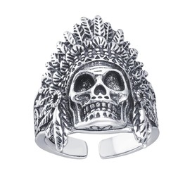 Indian Chief Skull Head Chunky Statement Ring Skeleton Expanded Wide Thick Open Finger Bands Adjustable Gothic Biker Rings Vintage Jewelry Gifts for Women Men