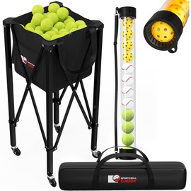 [2-in-1 Set] Tennis & Pickleball Hopper with Pickup Tube – Pickleball Caddy with Collapsible Metal Frame Ball Basket and Wheels & Carry Case – 120 Tennis Balls or 100 Pickleball Ball Holder