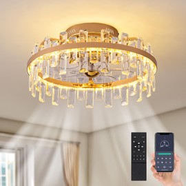 CROSSIO 20" Crystal Ceiling Fan with Lights and Remote Round Flush Mount Ceiling Fan Luxury Gold Caged Fandelier Modern Low Profile Ceiling Fan with Light for Dining Room Bedroom Living Room