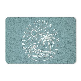 YeiHe Blue Beach Door Mat, Happiness Comes in Waves Blue Beachy Door Mat for Indoor Outdoor Entrance Porch, Ocean Coastal Nautical Bath Mats for Bathroom, Beachy Welcome Mats, 17x30 Inch