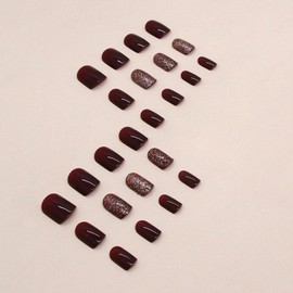 Short Press on Nails Square Fall Burgundy Fake Nails with Golden Glitter Designs Acrylic Nails Press ons Reusable Glue on Nails for Women and Girls Daily Wear 24 Pcs