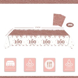 2pcs Rose Gold 100th Table Cloth,100th Birthday Table Decoration ,Happy 100th Birthday Tablecloth for Ladies Women,137*274cm Plastic Tablecloths Table Cover 100th Birthday Decorations for Her