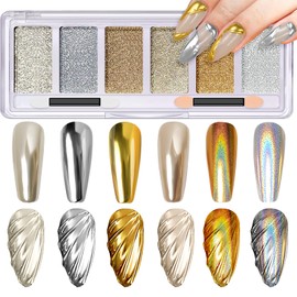 Gold Silver Chrome Nail Powder, 6 Colors Holographic Unicorn Iridescent Nail Chrome Powder, Metallic Mirror Effect Light Gold Champagne Chrome Powder Palette Pigment Glitter for Nail Art