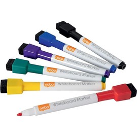 Nobo Mini Whiteboard Pens With Magnetic Eraser Cap, 2mm Fine Tip, Dry Wipe/Erase, Low Odour, Assorted Colours, 1903792, Pack of 1 (6 count)