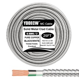 25ft 6/2 Metal Clad (MC) Cable with Ground, 6 Gauge Electric Wire with Aluminum Armor, Solid Bare Copper Conductors for Indoor Outdoor Underground Embedded Installation (6/2, 25 ft)