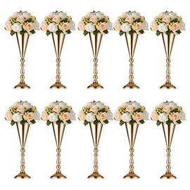 Sziqiqi Trumpet Vase Floral Centerpiece Riser Stand for Wedding Reception Centerpieces Party Event Anniversary Birthday Decoration Flower Arrangement Pack of 10, Rose Gold 16.5in