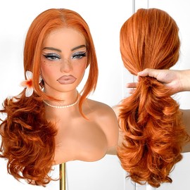 MITIMES Voluminous Feather Layered Hair Flip Out Preplucked Precision-Precut-cut Ready-to-Go Glueless 13x6 HD Synthetic Lace Front Wig Ginger Wig