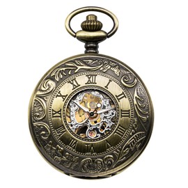 TREEWETO Men's Mechanical Skeleton Pocket Watch for Mens Women Roman Numerals Dial Bronze Tone Double Case Pocket Watches