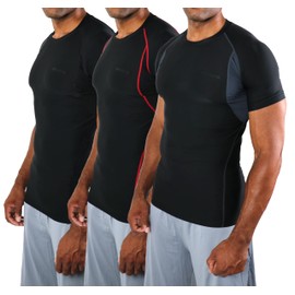DEVOPS 3 Pack Men's Athletic Short Sleeve Compression Shirts (Medium, Black/Black)