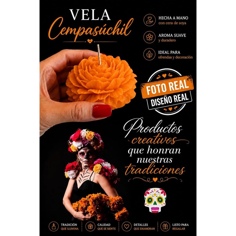 Paquete para altar de muertos 6 velas artesanales cempasuchil, arriz