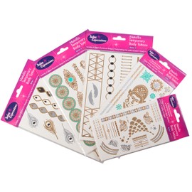 Metallic Temporary Tattoos- Six Sheets of Gold and Silver Long Lasting Fashion Designs (Series 1)