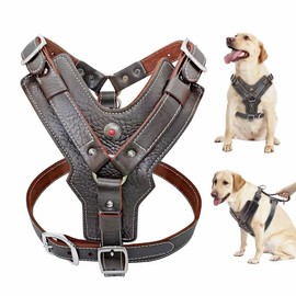 PET ARTIST Durable Leather Dog Harness for Medium Dogs，Adjustable Comfortable Design with Strong Metal Buckles and Handle for Daily Walking for Bulldog/Dalmatian/Schnauzer