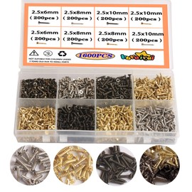 huruirui M2.5 Small Screws Set,1600pcs Wood Screws 6mm 8mm 10mm Flat Head Cross Head Self Tapping Screws Set Parts for Appliance Repair-Golden Silver Black
