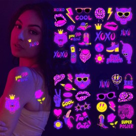 Konsait Neon Tattoos, 48 Styles | Pink Preppy Disco Cowgirl Temporary Tattoos Blacklight Tattoos, Girls Bachelorette Party Tattoos, Girl Birthday Party Accessory, Glow Party Supplies